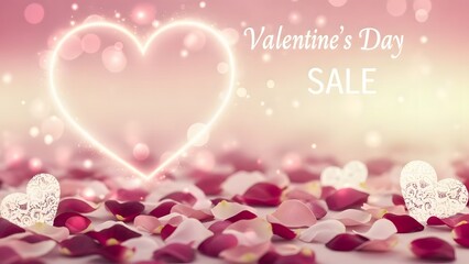 Valentine's day sale with glowing heart and rose petals