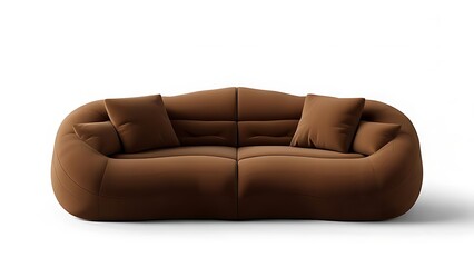 Plush, brown sofa featuring a low profile, quilted back, and two square cushions, all against a bright white backdrop