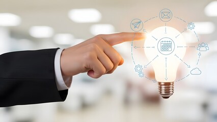 Business hand interacting with a glowing idea bulb and digital network icons