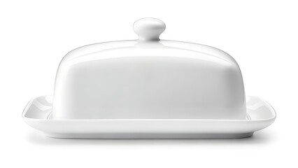 Fototapeta premium Pristine white ceramic butter dish with lid, casting a soft shadow on a white background. Front view