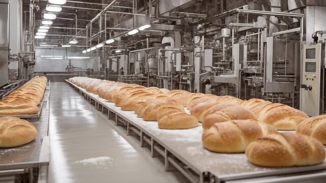 Breads rest on trays in a large factory. The setting shows shelves and machines in action. The area is well-lit with many loaves arranged on clean surfaces