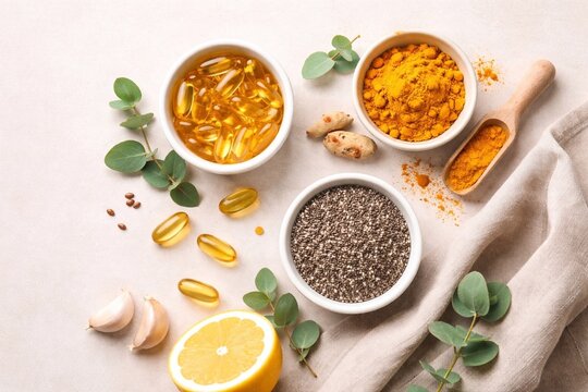 Natural Immune Boosting Supplements with Lemon
Flat lay of natural health supplements including turmeric, ginger, chia seeds, fish oil capsules, and fresh lemon for immunity support.