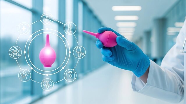 Doctor in blue medical gloves holds a pink enema bulb surrounded by various holographic healthcare and wellness icons.