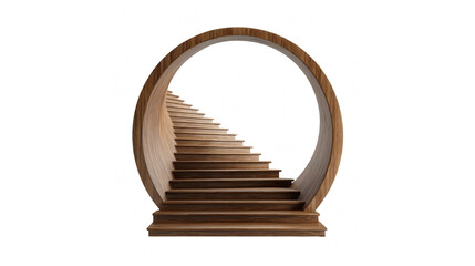 Elegant spiraling wooden staircase within an abstract oval frame isolated on black