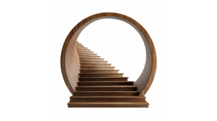 Elegant spiraling wooden staircase within an abstract oval frame isolated on black