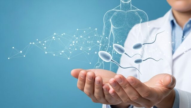 Doctor presents a futuristic holographic human body outline and glowing sperm cells floating above their open hands.