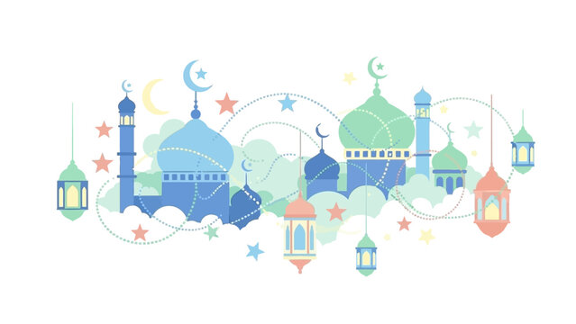 Colorful illustration of mosque and lantern decorations for Ramadhan and Eid Mubarak or Eid Fitr celebration on a white background with vector graphics of moon, star, and frame layout.