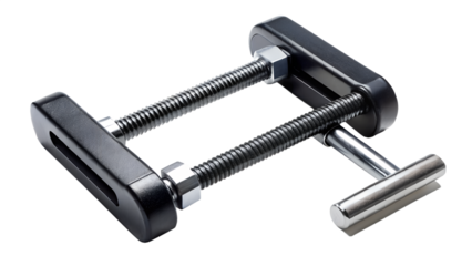 Isolated macro shot of a shiny silver chrome dumbbell alongside a steel nut and bolt hardware set on a white background for industrial construction work