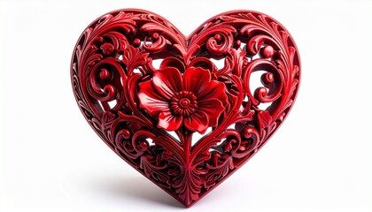 Red carved heart with floral patterns on solid background symbolizing love and artistic decoration