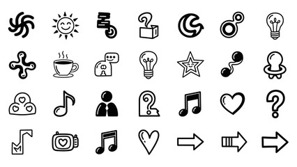 This black flat icon set presents communication, technology, media, and interface symbols including camera, phone, star, cloud, user profiles, and notification elements. The image represents digital i