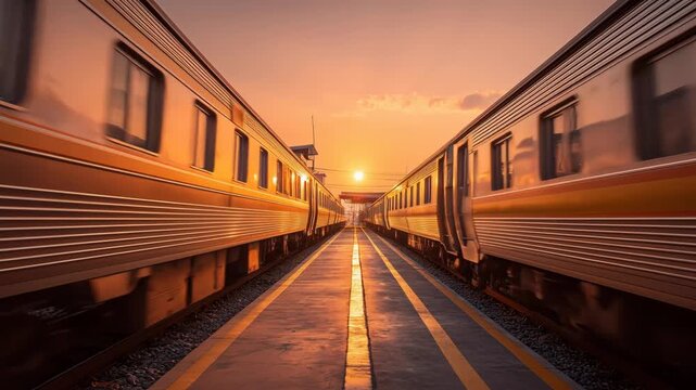 Cinematic motion captures stunning sunset at train station, showcasing golden hour perspective with gleaming train cars in serene atmosphere