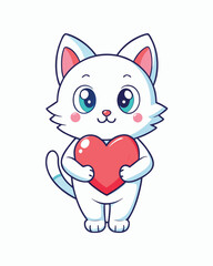 Obraz premium cute white kitten holding heart cartoon valentine illustration