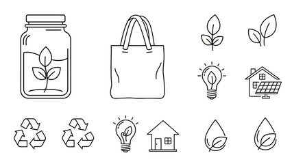 This line art illustration features eco friendly shopping and sustainable lifestyle icons including reusable bags, leaves, recycling symbols, bottles, and energy elements. The image represents environ