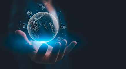 World of AI technology analyzing financial data stock market. Document data management on network, cyber security, digital transformation. AI learning and business artificial intelligence.