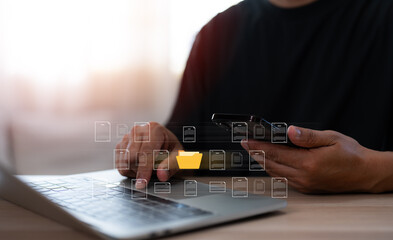 Online documentation database and process automation to efficiently manage files. Digital data document management system (DMS), knowledge documentation in enterprise. Corporate business technology.