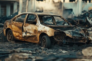 A rusty abandoned car rests amidst debris, symbolizing neglect and the passage of time in an urban landscape.