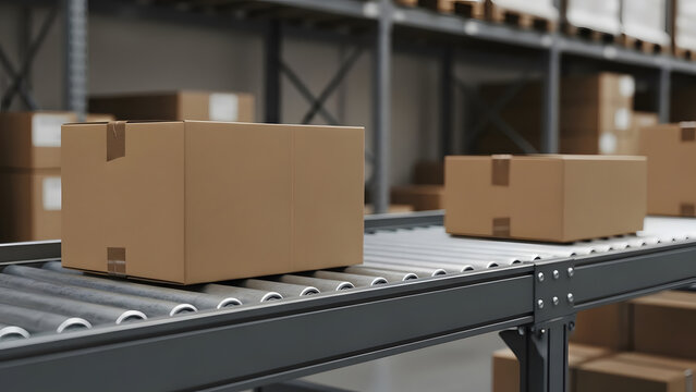 Cardboard boxes on roller conveyor in warehouse storage area