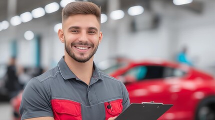 Smiling auto mechanic holding clipboard in garage, showcasing professionalism and automotive expertise.