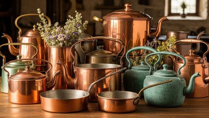 Traditional copper utensils arranged neatly &mdash; classic kitchenware with a timeless appeal