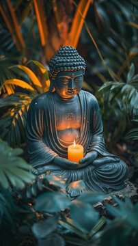 A Buddha statue sits surrounded by green plants, holding a lit candle. The scene captures a moment of stillness as evening light filters through the leaves
