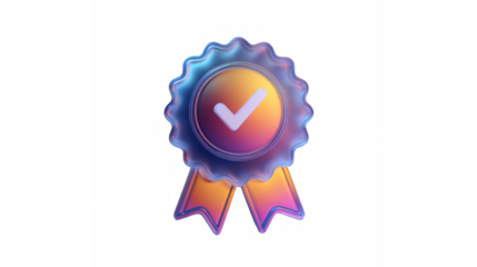 Iridescent 3d render of a verified badge with a glowing checkmark symbol for quality assurance
