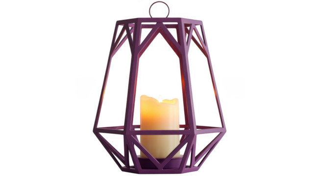 Purple metal lantern with candle inside home decor isolated on a transparent background - Powered by Adobe
