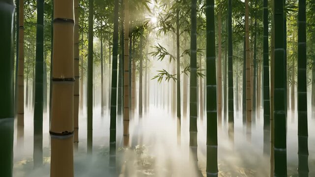 Tranquil Bamboo Forest With Fog Illuminated by Sunlight