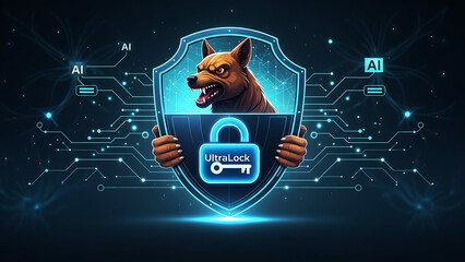 Digital security concept featuring a vigilant dog head inside a glowing shield with a padlock