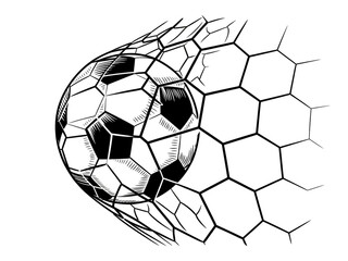 Fototapeta premium A black and white line drawing of a soccer ball caught in a soccer goal net.