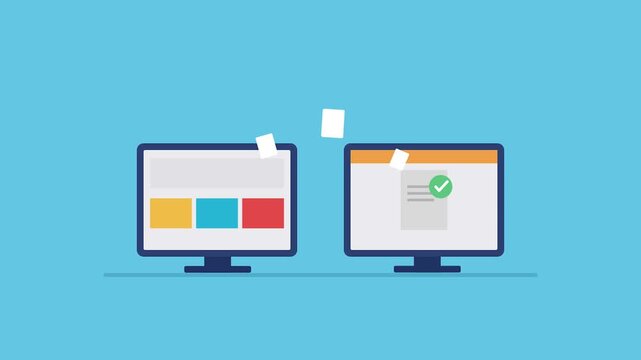 Digital Document Exchange: Illustrative scene capturing the seamless transfer and approval of a digital document between two computer monitors.