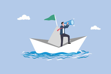 Businessmen look through binocular to see sailing ship direction, look for journey, exploration searching for new career opportunity, binocular vision to see future, direction or guidance to success. © purnama