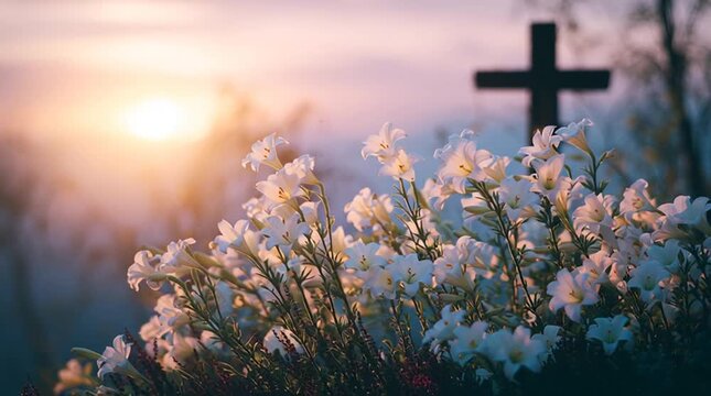 White flowers surrounding a softly glowing cross at sunrise beneath a pastel gradient sky, creating a calm, reverent Easter morning atmosphere filled with hope, renewal, and spiritual peace.