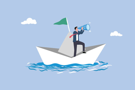 Businessmen look through binocular to see sailing ship direction, look for journey, exploration searching for new career opportunity, binocular vision to see future, direction or guidance to success.