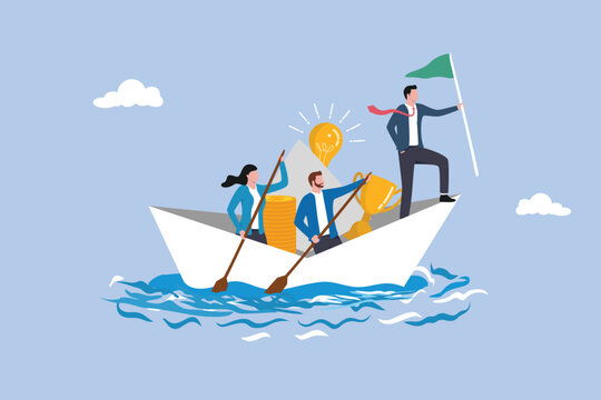 Visionary leadership or good strategy that overcomes obstacles in business competition, business team with paper boats carrying money, successful teamwork, light bulbs and trophies.