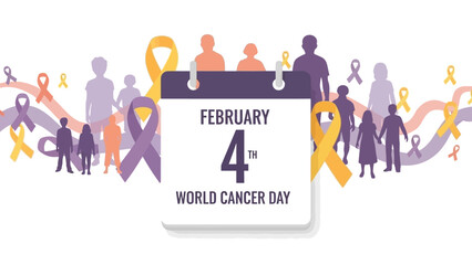 Illustration of people and awareness ribbons on World Cancer Day, February 4th, promoting health and support with a hopeful mood.