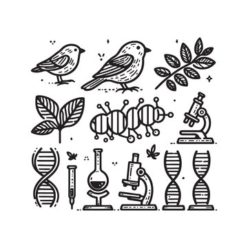 darwin day doodle icon set evolution finch dna and microscope symbols