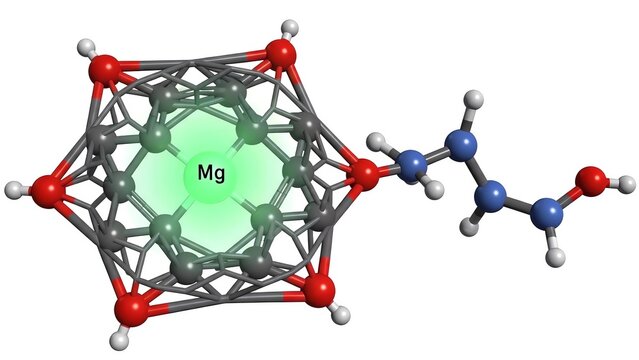 the detailed chemical structure of a single chlorophyll molecule. The central magnesium (Mg) atom is clearly highlighted with a vibrant green glow,