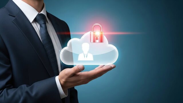 Businessman holds out his hand, supporting a holographic cloud icon containing a user profile and a secure padlock.