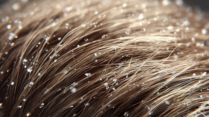 Macro shot revealing severe dandruff flake problem itchy brown hair scalp illustrating dry skin hygiene issue causing frustration and discomfort