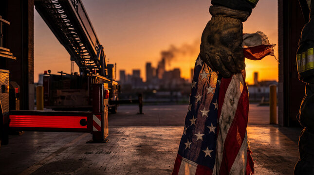 A firefighter holds a dirty American flag during sunset.