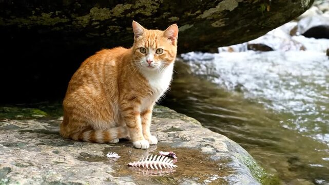 Orange cat sitting by a stream with fish bones on a wet rock