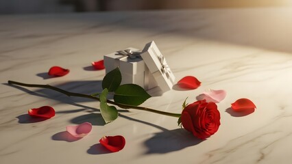 A single red rose with petals scattered around a gift box