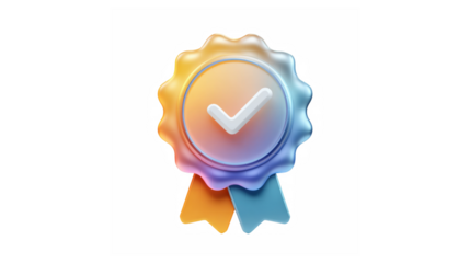 Certified quality assurance seal with a checkmark and ribbons