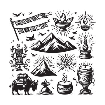 hand drawn line art icons losar snow mountains drum yak and cultural symbols