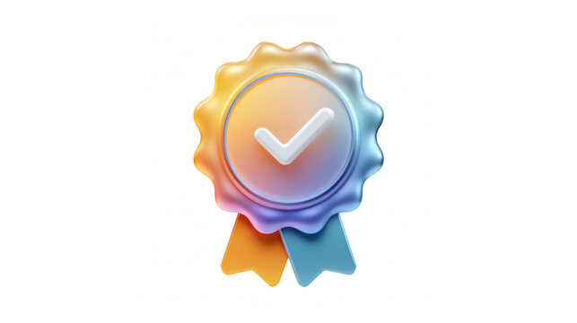 Certified quality assurance seal with a checkmark and ribbons