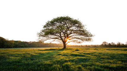 Sunburst shining through lone tree in lush green meadow at sunrise creating serene peaceful nature landscape isolated on white background