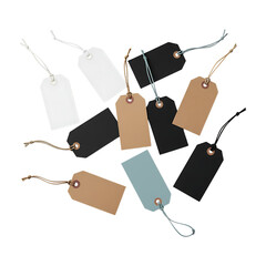 A collection of blank price tags or gift tags in various colors including white, black, kraft, and blue, with strings for attachment