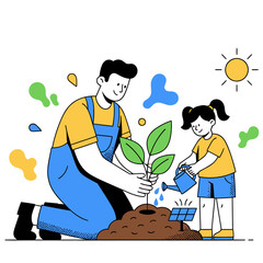 Eco-Friendly Farming Methods Vector Illustration. Father and Daughter Planting Seedling with Solar Panel and Watering Can for Sustainable Agriculture and Green Environment Education © InArch Design Studio