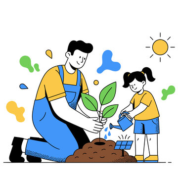 Eco-Friendly Farming Methods Vector Illustration. Father and Daughter Planting Seedling with Solar Panel and Watering Can for Sustainable Agriculture and Green Environment Education