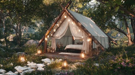 Forest tent with lights, platform, bed, & nature